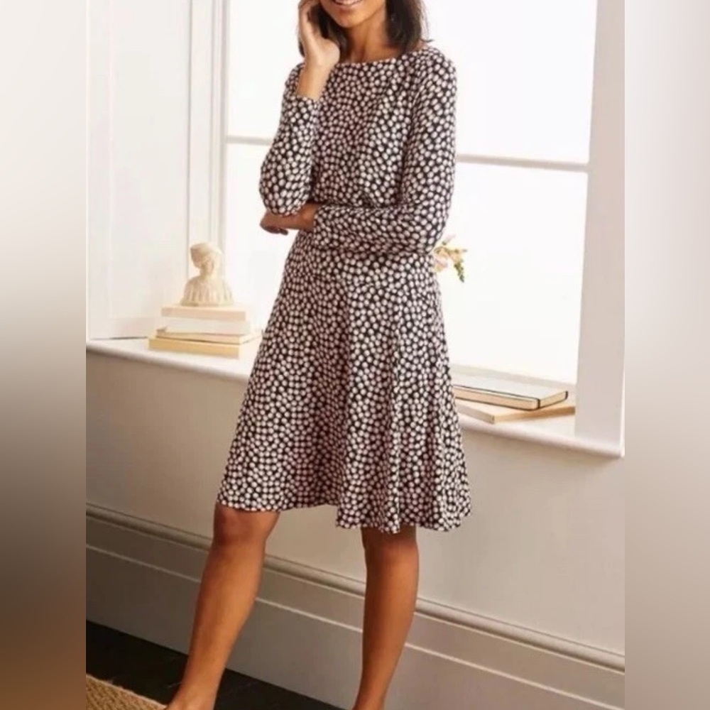 Boden Nellie Jersey Dress Women Size US 6 Black Pink Polka Dot  3/4 Sleeve
